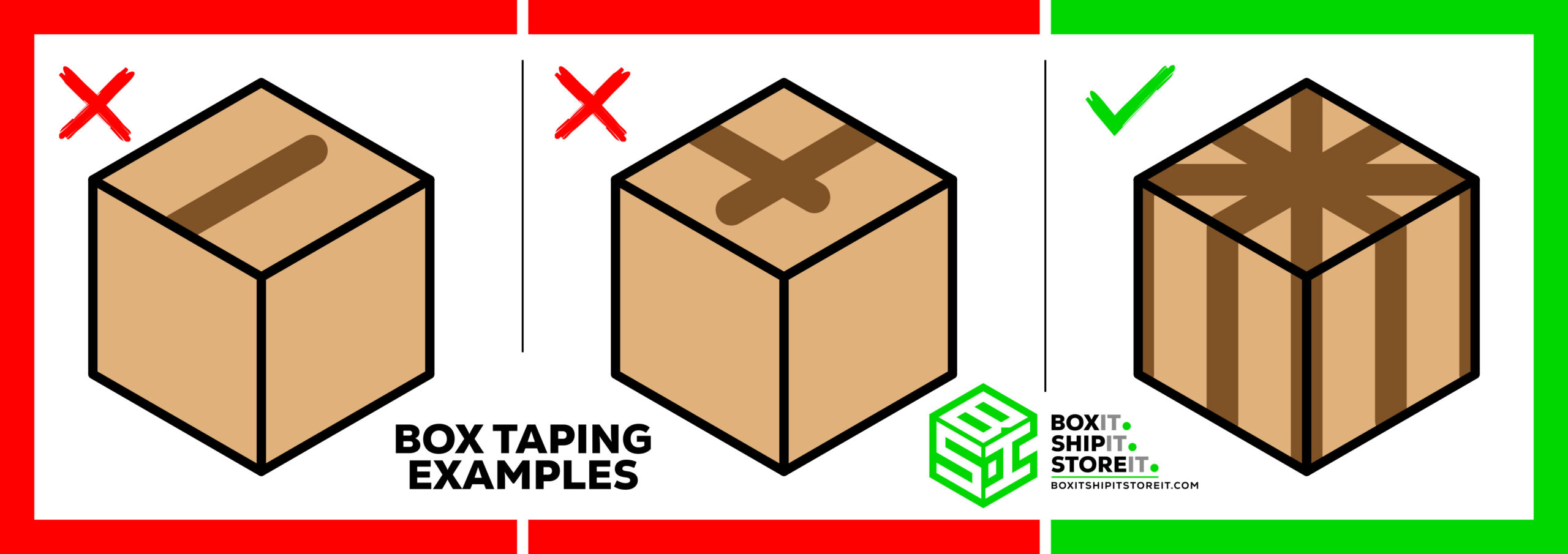 Proper and improper box taping methods illustrated.